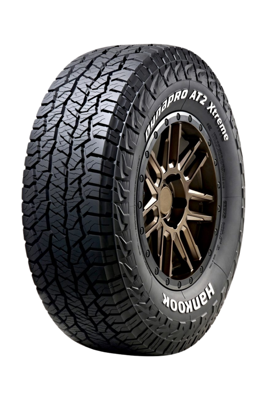 Side profile of Hankook Dynapro AT2 Xtreme RF12 featuring bold Raised White Lettering (RWL) on the sidewall.