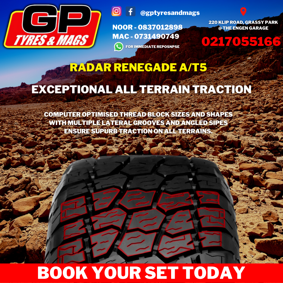 RADAR RENEGADE A/T 5 FEATURES: EXCEPTIONAL ALL TERRAIN TRACTION. COMPUTER OPTIMISED THREAD BLOCK SIZES AND SHAPES WITH MULTIPLE LATERAL GROOVES AND ANGLED SIPES ENSURE SUPURB TRACTION ON ALL TERRAINS.