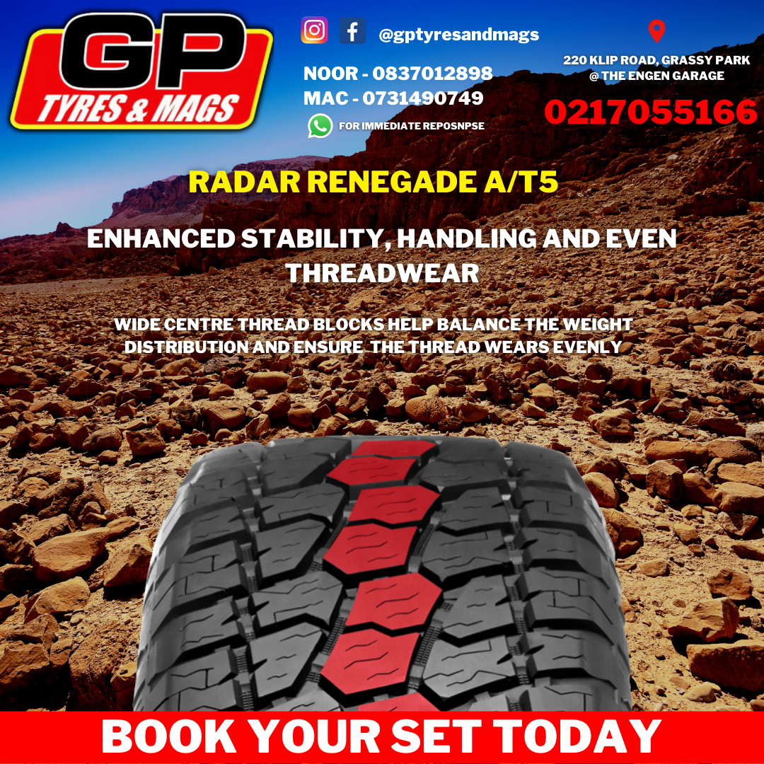 RADAR RENEGADE A/T5 FEATURES: ENHANCED STABILITY, HANDLING AND EVEN THREADWEAR. WIDE CENTRE THREAD BLOCKS HELP BALANCE THE WEIGHT DISTRIBUTION AND ENSURE  THE THREAD WEARS EVENLY